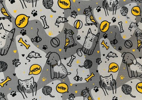 Tkanina Animals 40 – materiał z motywem zwierzęcym przeznaczony do szycia legowisk, mat, poduszek, posłań oraz akcesoriów dla psów i kotów